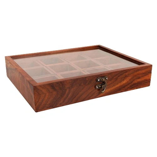 Inaithiram SB12PL Sheesham Wood Spice Box with 12 Containers and Spoon Glass Top for Kitchen Storage-3