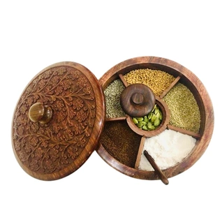 Inaithiram SB06CPL Wooden Spice Box / Masala Box Handcarved with 6 Containers and Spoon for Kitchen Storage