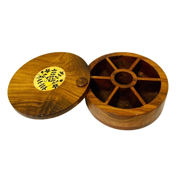 Inaithiram SB07FPL Sheesham Wood Round Spice Container Box / Masala Box 7 Compartments with Floral Carving &amp; Brass Inlay Design-3