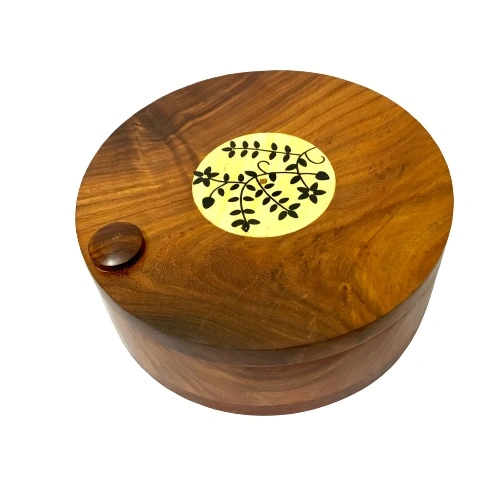 Inaithiram SB07FPL Sheesham Wood Round Spice Container Box / Masala Box 7 Compartments with Floral Carving &amp; Brass Inlay Design-2