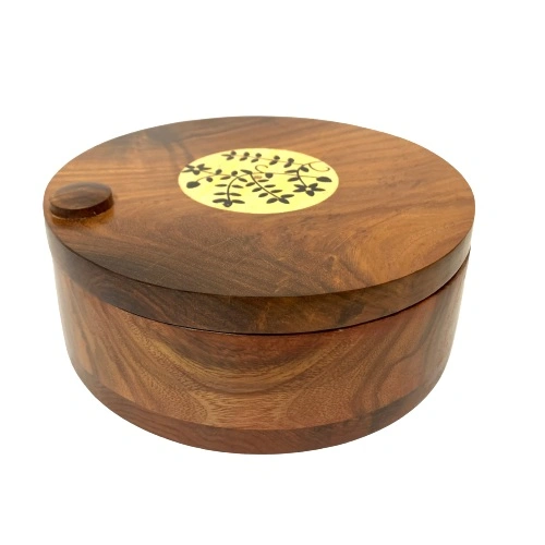 Inaithiram SB07FPL Sheesham Wood Round Spice Container Box / Masala Box 7 Compartments with Floral Carving &amp; Brass Inlay Design-1