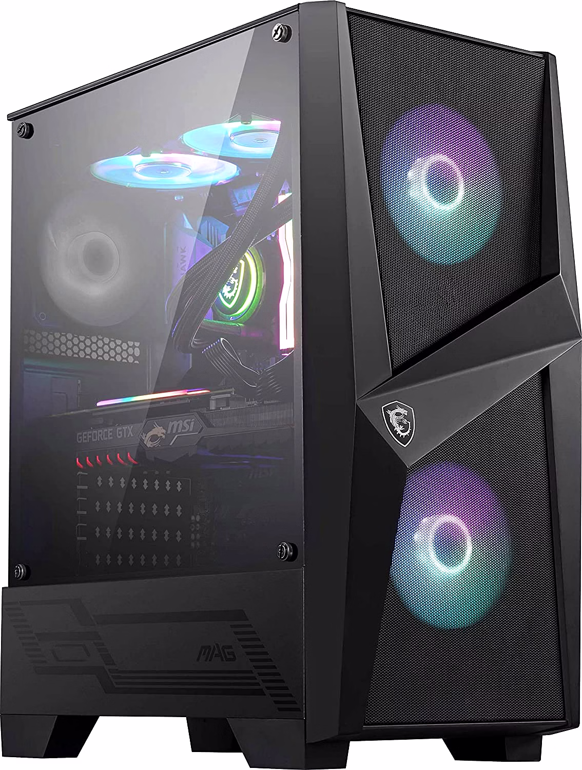 msi mag forge 100r mid tower gaming pc case black, 2 x 120mm argb fans, 1 x 120mm rear fan, 2 x usb 3.2 gen1 type-a, tempered glass panel, magnetic dust filter, mystic light rgb, atx, m-atx, mini-itx