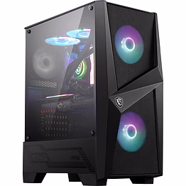msi mag forge 100r mid tower gaming pc case black, 2 x 120mm argb fans, 1 x 120mm rear fan, 2 x usb 3.2 gen1 type-a, tempered glass panel, magnetic dust filter, mystic light rgb, atx, m-atx, mini-itx
