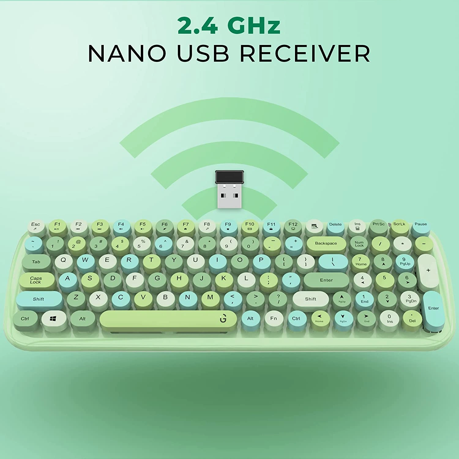 iGEAR KeyBee Retro Typewriter Inspired 2.4GHz Wireless Keyboard and Mouse Set with USB Support, Single Nano Receiver, Round Keycaps, Cleaning Brush (Green)-1