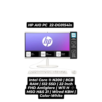 HP All-in-One, Intel N200 (8GB DDR5, 512GB SSD) 21.45'' (54.5 Cm), FHD, Win 11, White, 4.17 Kg, Intel UHD Graphics, 720P HD Camera W/Privacy Shutter, Dual Speakers, Dg0154In