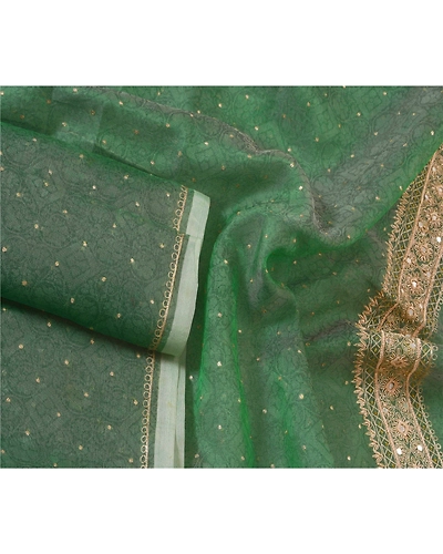 Sanskriti Vintage Dupatta Long Stole Organza Green Hand Beaded Woven Wrap Shawl DC-21168-Green-Hand Beaded With Mirror &amp; Zardozi Work-Organza-2