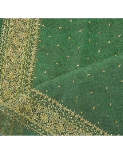 Sanskriti Vintage Dupatta Long Stole Organza Green Hand Beaded Woven Wrap Shawl DC-21168-Green-Hand Beaded With Mirror &amp; Zardozi Work-Organza-3