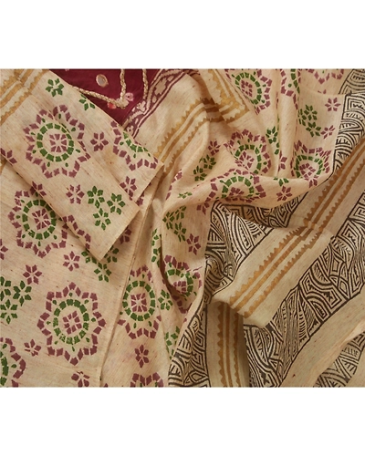 Sanskriti Vintage Dupatta Long Stole Handloom Cotton Hand Embroidered Shawl DC-29868-Cream-Hand Embroidered With Patch &amp; Mirror Work-Handloom Cotton-2
