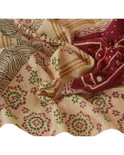 Sanskriti Vintage Dupatta Long Stole Handloom Cotton Hand Embroidered Shawl DC-29868-Cream-Hand Embroidered With Patch &amp; Mirror Work-Handloom Cotton-4