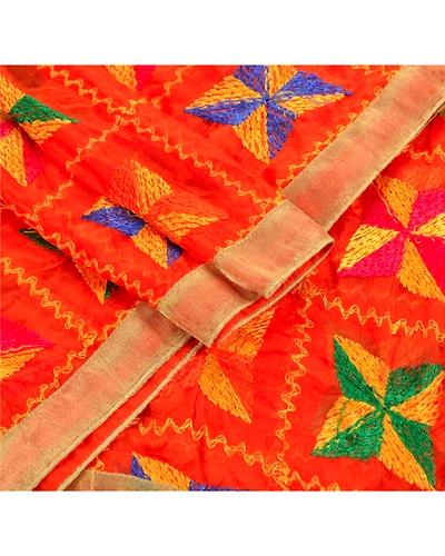 Sanskriti Vintage Dupatta Long Stole Ooak Embroidered Hijab Bagh Phulkari Shawl DC-36720-Orange-Thread Work-Chiffon Silk-1