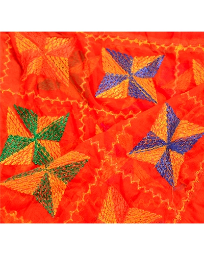 Sanskriti Vintage Dupatta Long Stole Ooak Embroidered Hijab Bagh Phulkari Shawl DC-36720-Orange-Thread Work-Chiffon Silk-4