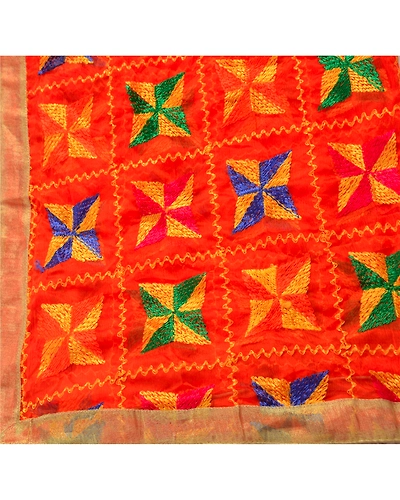 Sanskriti Vintage Dupatta Long Stole Ooak Embroidered Hijab Bagh Phulkari Shawl DC-36720-Orange-Thread Work-Chiffon Silk-5