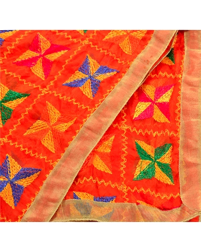 Sanskriti Vintage Dupatta Long Stole Ooak Embroidered Hijab Bagh Phulkari Shawl DC-36720-Orange-Thread Work-Chiffon Silk-6