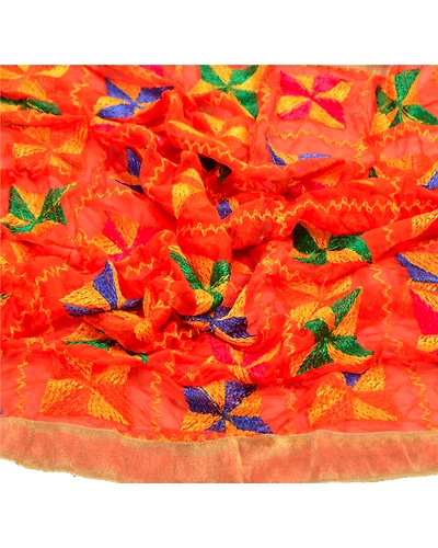 Sanskriti Vintage Dupatta Long Stole Ooak Embroidered Hijab Bagh Phulkari Shawl DC-36720-Orange-Thread Work-Chiffon Silk-7