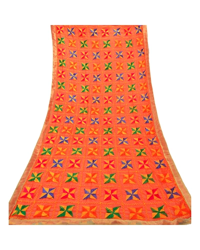 Sanskriti Vintage Dupatta Long Stole Ooak Embroidered Hijab Bagh Phulkari Shawl DC-36720-Orange-Thread Work-Chiffon Silk-8