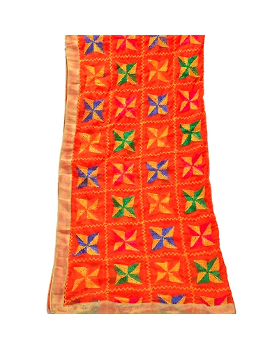 Sanskriti Vintage Dupatta Long Stole Ooak Embroidered Hijab Bagh Phulkari Shawl DC-36720-Orange-Thread Work-Chiffon Silk-9