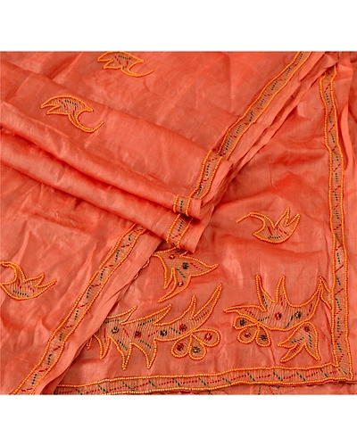 Sanskriti Vintage Dupatta Long Stole 100% Pure Silk Peach Hand Beaded Wrap Veil DC-37808-Peach-Hand Beaded With Pearl Like Beads Work-Pure Silk-1