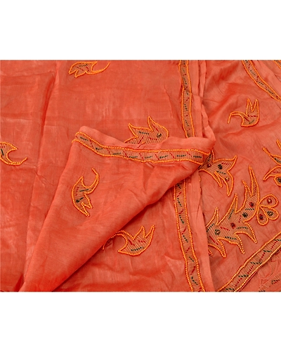 Sanskriti Vintage Dupatta Long Stole 100% Pure Silk Peach Hand Beaded Wrap Veil DC-37808-Peach-Hand Beaded With Pearl Like Beads Work-Pure Silk-3
