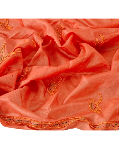 Sanskriti Vintage Dupatta Long Stole 100% Pure Silk Peach Hand Beaded Wrap Veil DC-37808-Peach-Hand Beaded With Pearl Like Beads Work-Pure Silk-8