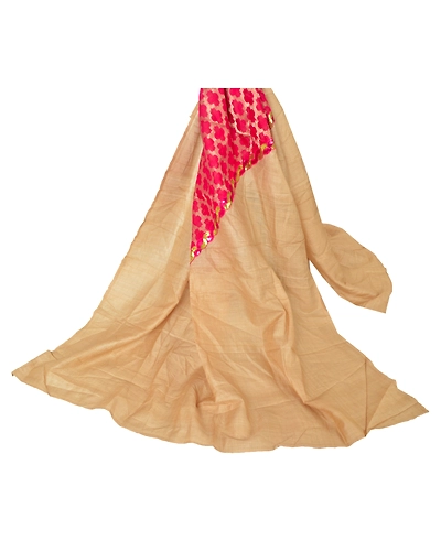 Sanskriti Vintage Dupatta Long Stole Pure Silk Cream Embroidered Patch Scarves DC-37987-Cream-Patch Work-Pure Silk-2
