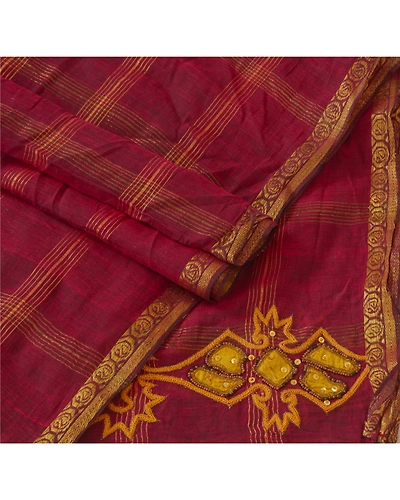 Sanskriti Vintage Dupatta Long Stole Pure Silk Dark Red Hand Beaded Woven Veil DC-38697-Dark Red-Hand Beaded With Patch Work-Pure Silk-1
