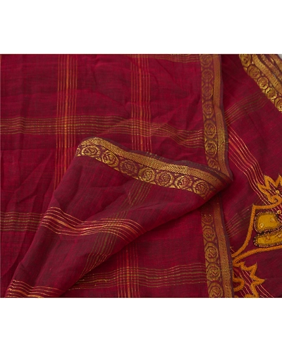 Sanskriti Vintage Dupatta Long Stole Pure Silk Dark Red Hand Beaded Woven Veil DC-38697-Dark Red-Hand Beaded With Patch Work-Pure Silk-3