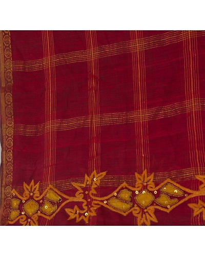 Sanskriti Vintage Dupatta Long Stole Pure Silk Dark Red Hand Beaded Woven Veil DC-38697-Dark Red-Hand Beaded With Patch Work-Pure Silk-5