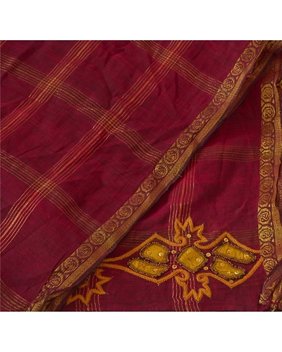 Sanskriti Vintage Dupatta Long Stole Pure Silk Dark Red Hand Beaded Woven Veil DC-38697-Dark Red-Hand Beaded With Patch Work-Pure Silk-6