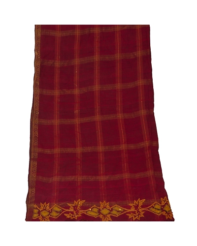 Sanskriti Vintage Dupatta Long Stole Pure Silk Dark Red Hand Beaded Woven Veil DC-38697-Dark Red-Hand Beaded With Patch Work-Pure Silk-9