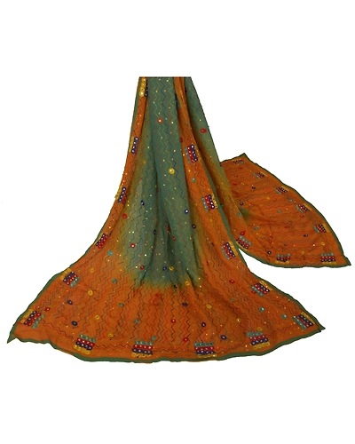 Sanskriti Vintage Dupatta Long Stole Blend Georgette Green Hand Beaded Scarves DC-40359-Green-Thread Work-Blend Georgette-1