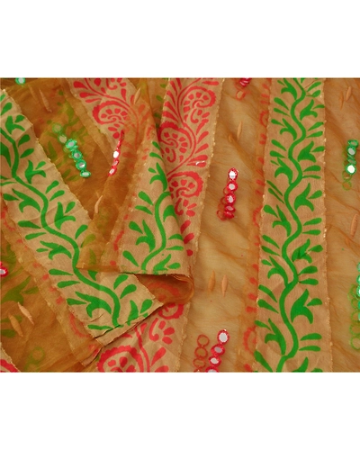 Sanskriti Vintage Dupatta Long Stole Organza Brown Shawl Embroidered Wrap Hijab DC-40361-Brown-Mirror Work-Organza-2