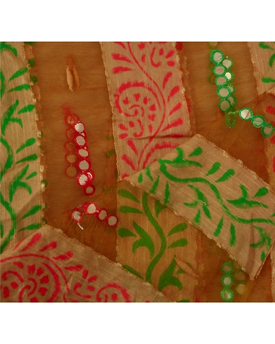 Sanskriti Vintage Dupatta Long Stole Organza Brown Shawl Embroidered Wrap Hijab DC-40361-Brown-Mirror Work-Organza-3
