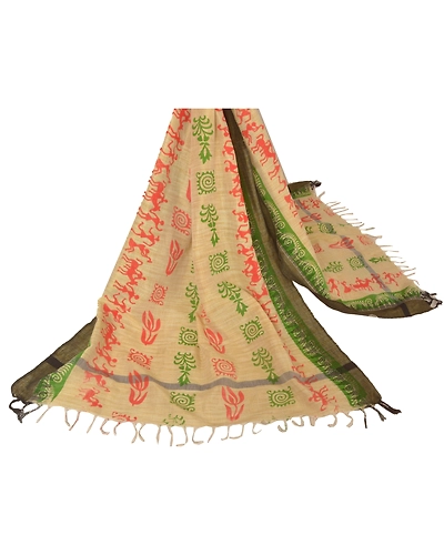 Sanskriti Vintage Dupatta Long Stole Blend Cotton Cream Warli Printed Scarves DC-40392-Cream-Printed Work-Blend Cotton-1