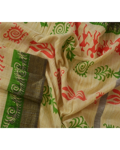 Sanskriti Vintage Dupatta Long Stole Blend Cotton Cream Warli Printed Scarves DC-40392-Cream-Printed Work-Blend Cotton-2