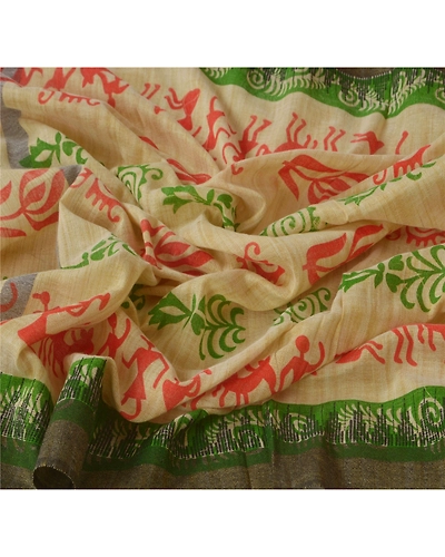 Sanskriti Vintage Dupatta Long Stole Blend Cotton Cream Warli Printed Scarves DC-40392-Cream-Printed Work-Blend Cotton-4