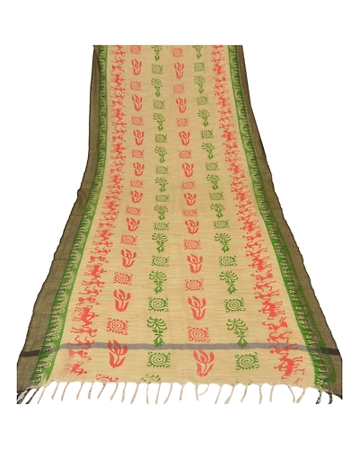 Sanskriti Vintage Dupatta Long Stole Blend Cotton Cream Warli Printed Scarves DC-40392-Cream-Printed Work-Blend Cotton-5