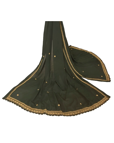 Sanskriti Vintage Dupatta Long Stole Blend Georgette Green Hand Beaded Scarves DC-40702-Green-Zardozi Work-Blend Georgette-1