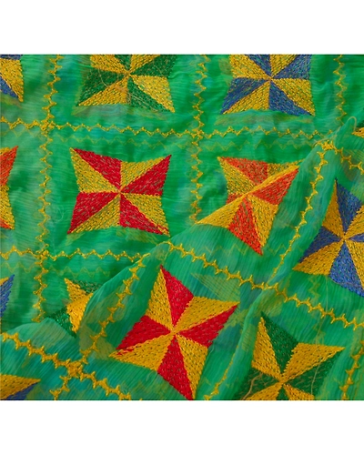Sanskriti Vintage Dupatta Long Stole Ooak Green Embroidered Bagh Phulkari Shawl DC-40707-Green-Thread Work-Pure Chiffon Silk-3
