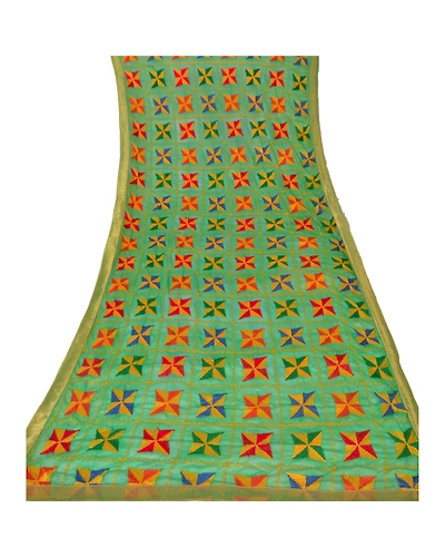 Sanskriti Vintage Dupatta Long Stole Ooak Green Embroidered Bagh Phulkari Shawl DC-40707-Green-Thread Work-Pure Chiffon Silk-5
