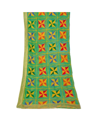 Sanskriti Vintage Dupatta Long Stole Ooak Green Embroidered Bagh Phulkari Shawl DC-40707-Green-Thread Work-Pure Chiffon Silk-6