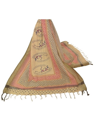 Sanskriti Vintage Dupatta Long Stole Pure Cotton Cream Block Printed Warli Art DC-41649-Cream-Block Printed Work-Pure Cotton-1