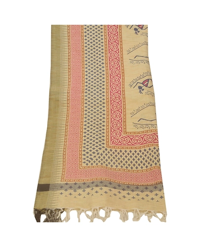 Sanskriti Vintage Dupatta Long Stole Pure Cotton Cream Block Printed Warli Art DC-41649-Cream-Block Printed Work-Pure Cotton-6