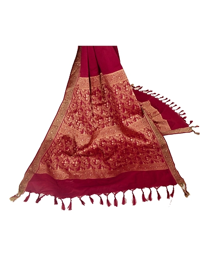 Sanskriti Vintage Dupatta Long Stole Blend Cotton Dark Red Woven Wrap Shawl DC-41964-Dark Red-Woven Work-Blend Cotton-1