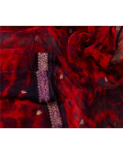 Sanskriti Vintage Dupatta Long Stole Pure Chiffon Silk Hand Embroidered Tie- Dye DC-42025-Red-Zardozi Work-Pure Chiffon Silk-2
