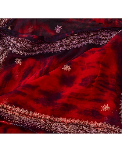 Sanskriti Vintage Dupatta Long Stole Pure Chiffon Silk Hand Embroidered Tie- Dye DC-42025-Red-Zardozi Work-Pure Chiffon Silk-3