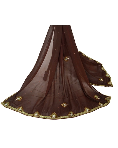 Sanskriti Vintage Dupatta Long Stole Blend Georgette Brown Hand Beaded Shawl DC-42033-Brown-Patch Work-Blend Georgette-1