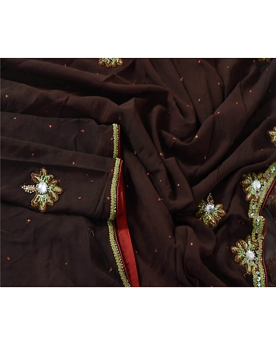 Sanskriti Vintage Dupatta Long Stole Blend Georgette Brown Hand Beaded Shawl DC-42033-Brown-Patch Work-Blend Georgette-2
