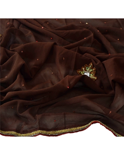 Sanskriti Vintage Dupatta Long Stole Blend Georgette Brown Hand Beaded Shawl DC-42033-Brown-Patch Work-Blend Georgette-4