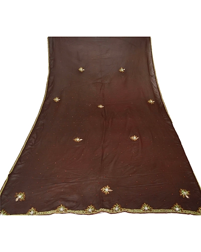Sanskriti Vintage Dupatta Long Stole Blend Georgette Brown Hand Beaded Shawl DC-42033-Brown-Patch Work-Blend Georgette-5