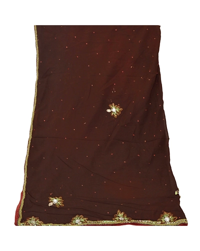 Sanskriti Vintage Dupatta Long Stole Blend Georgette Brown Hand Beaded Shawl DC-42033-Brown-Patch Work-Blend Georgette-6